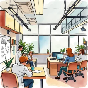 Collaborative workspace showing cross-functional team discussing influence mapping tool.