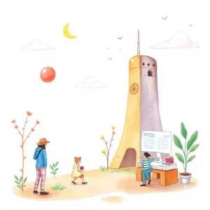 A person working at a computer near a colorful tower while two children explore the surroundings.