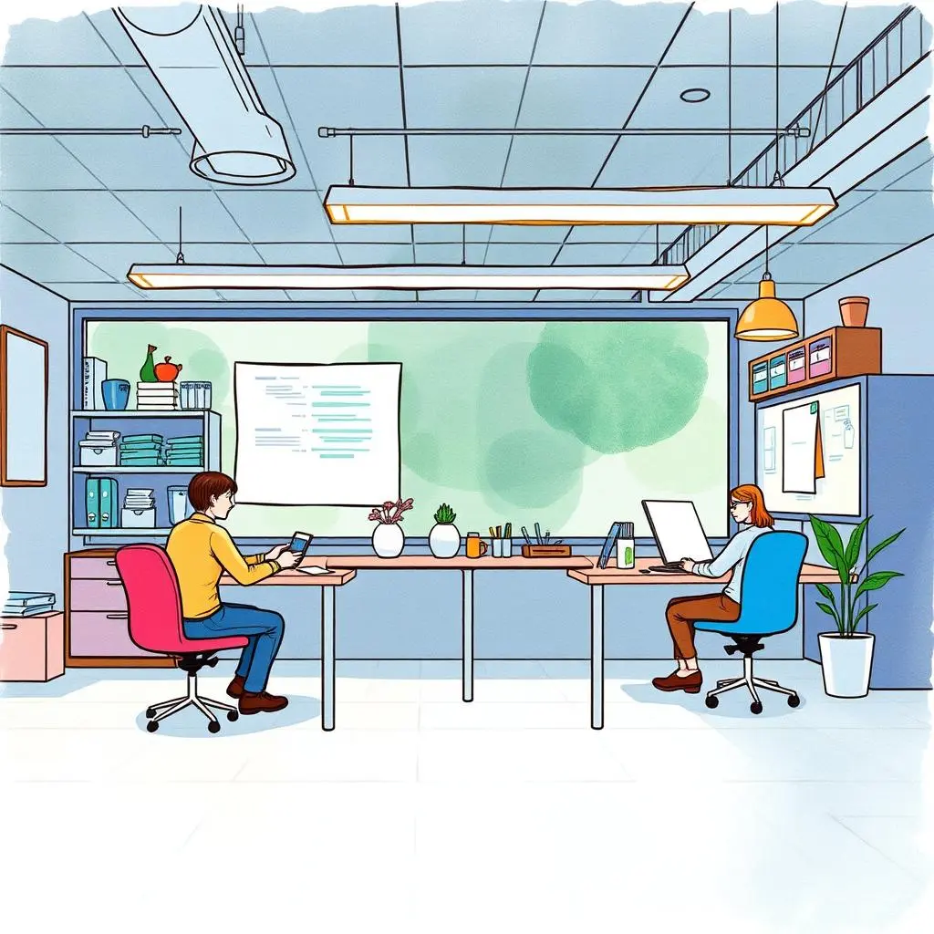 Meetarrange: Quick setup for collaborative sessions 1 Two professionals collaborating in a bright and modern office space.