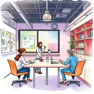 Researchers collaborating in a bright meeting room, discussing project strategies.