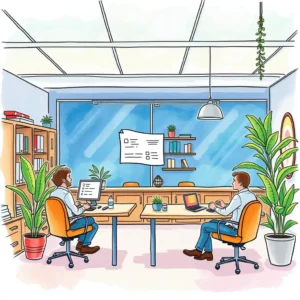 Two colleagues collaborating in a bright office, discussing project schedules.