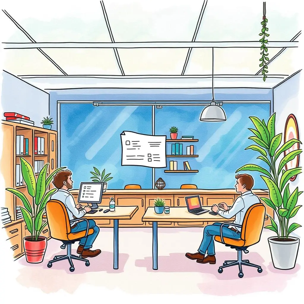 Schedulesync: Effortlessly book meetings with team members 1 Two colleagues collaborating in a bright office, discussing project schedules.