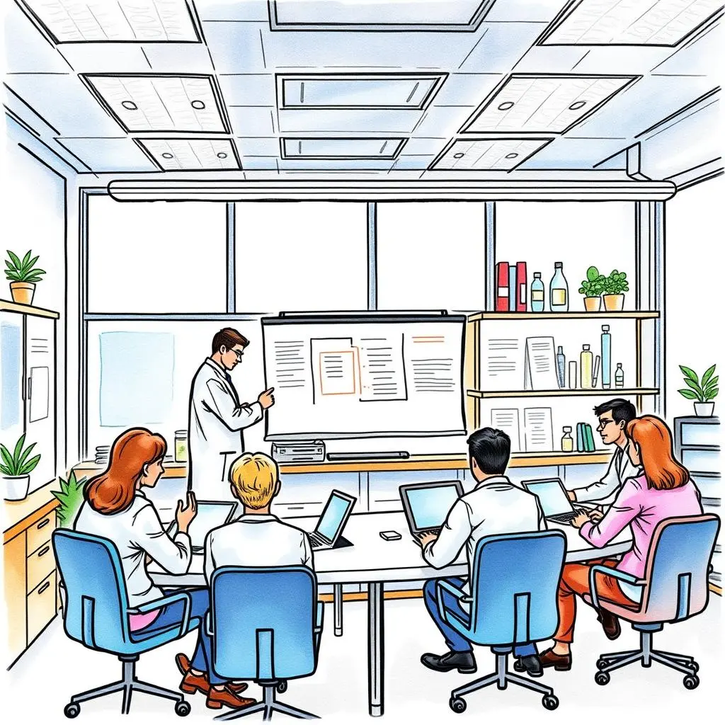 Syncup scheduler: Organize collaborative meetings seamlessly 1 Team collaborating in a modern meeting room with presentations and laptops.