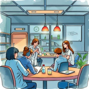 Teammeet scheduler: Coordinate discussions across teams easily 5 Team meeting in a modern office with professionals collaborating and discussing ideas