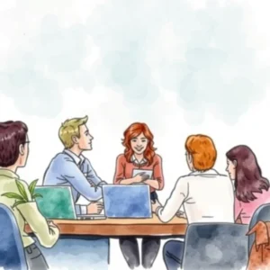 Collaboration goals builder: Formulate clear project collaboration targets 1 A group of professionals collaborate in a meeting, discussing project goals and strategies.