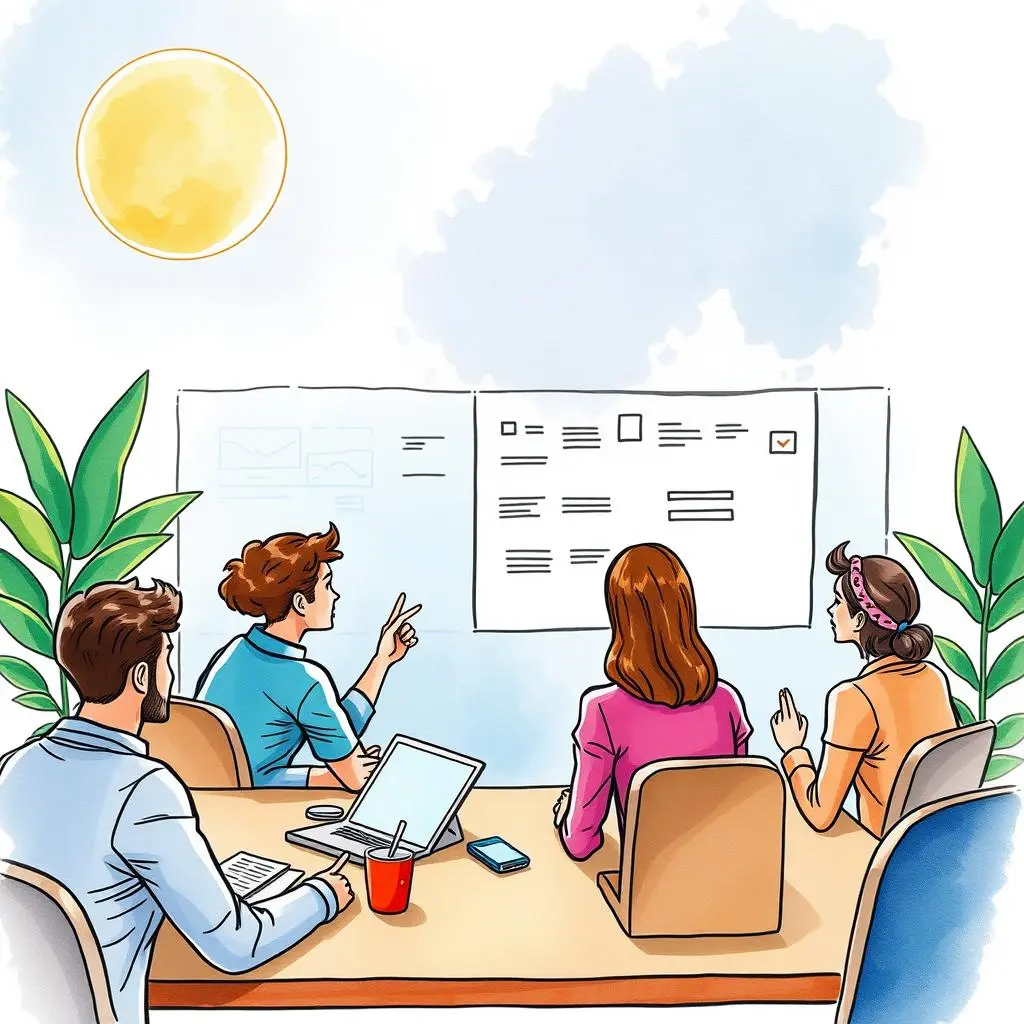 Cross-team insight generator: Generate insights on team collaboration dynamics 1 Team discussing collaboration dynamics with visual insights displayed.