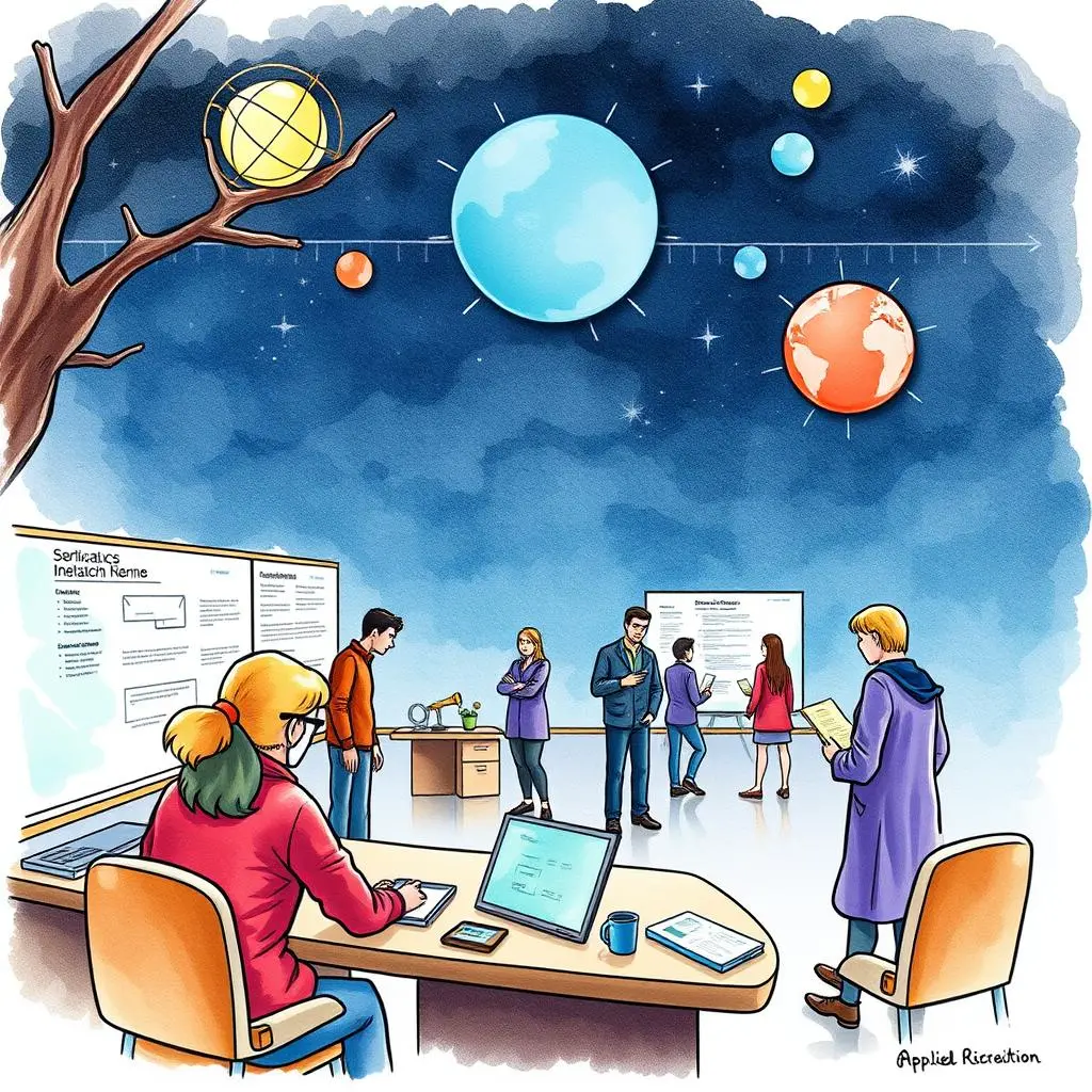 Collaborative timeline builder: Construct timelines for department collaborations 1 Collaborative team members discussing ideas under a starry sky backdrop in an office setting.