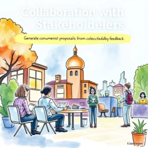 Collaboration scene depicting people discussing proposal iterations outdoors with a city backdrop.