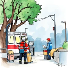 Emergency responders coordinating at a crisis scene using a web tool.