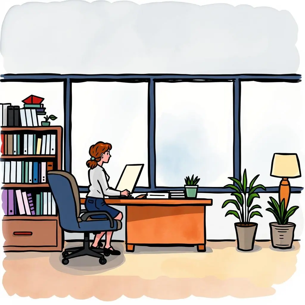 Language consistency monitor: Maintain consistent language use in communications 1 A woman sits at a desk with a computer in a bright office surrounded by plants and shelves of folders.