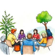 A diverse group of professionals collaborating around a table outdoors, discussing insights and strategies.