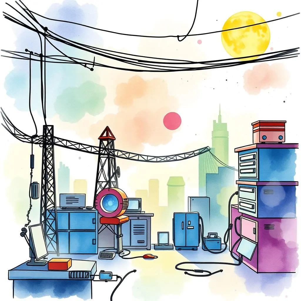 Efficiency metrics evaluator: Analyze efficiency metrics in communications engineering 1 Colorful illustration of a communications engineering workspace.
