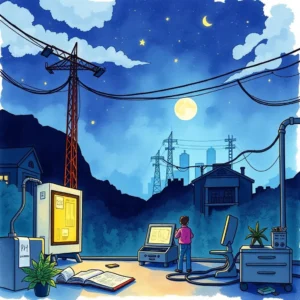 Engineer creating testing documentation under a moonlit sky.
