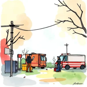 A person analyzing incident response tools near emergency vehicles in a post-incident scene