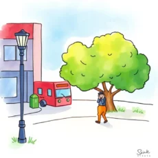 A person in distress walks by a red vehicle near a large green tree in a city setting.