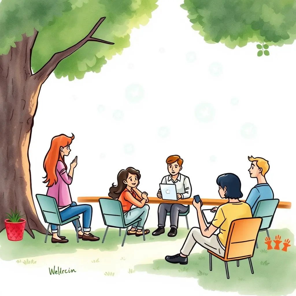 Engagement channel builder: Craft ongoing communication templates 1 A diverse group discussing community engagement under a tree.