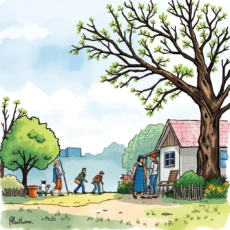 Community members engaging in conversation near rural homes and greenery.