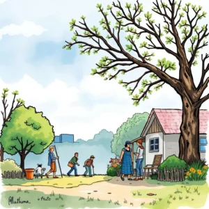 Community members engaging in conversation near rural homes and greenery.