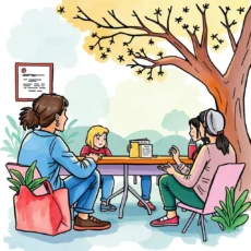 Stakeholder collaboration meeting under a tree, featuring participants discussing community needs.