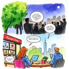 Analysts discussing competitor sentiment analysis in a corporate setting.