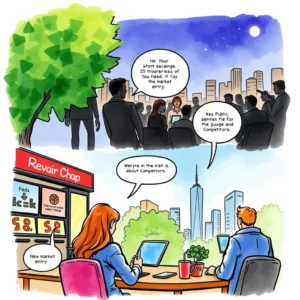 Competitor sentiment evaluator: Gauge public sentiment about competitors 5 Analysts discussing competitor sentiment analysis in a corporate setting.