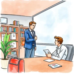 Business professionals discuss a customer complaint in a modern office setting.