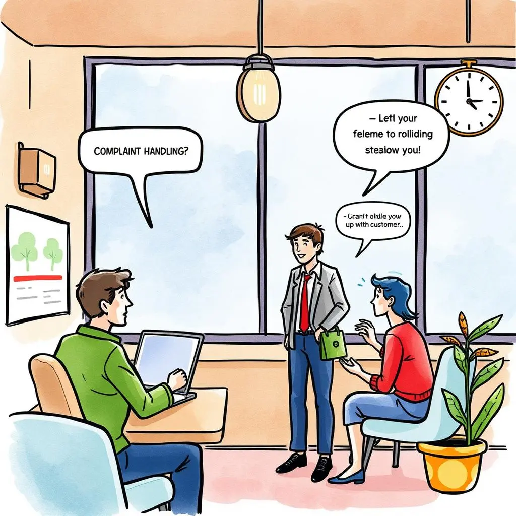 Customer service representatives discussing follow-up reminders in an office setting.