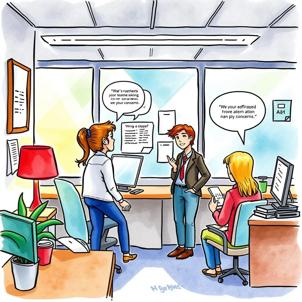 Customer concern summarizer: Provide concise summaries of customer concerns 1 Three professionals discussing customer concerns in a bright office setting.
