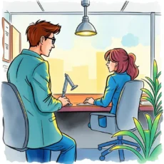 Two professionals strategizing at a desk for complaint resolution.