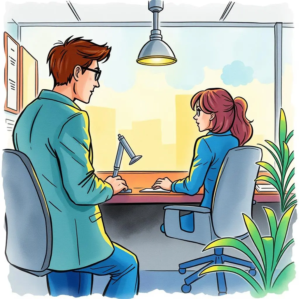Settlement strategy creator: Formulate strategic approaches for resolving complaints 1 Two professionals strategizing at a desk for complaint resolution.