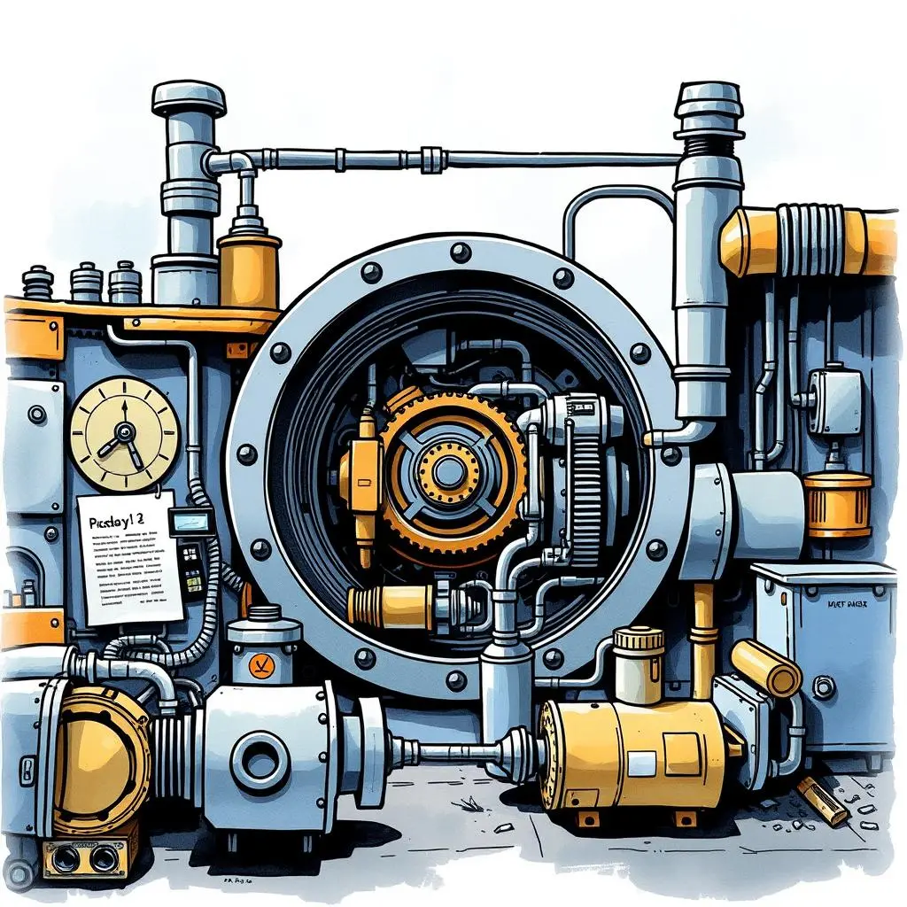 Regulation summary generator: Create summaries of relevant regulations 1 A complex engineering assembly featuring gears, pipes, and instrumentation for regulatory compliance tasks.