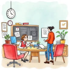 Action Item Tracker meeting in office with two colleagues