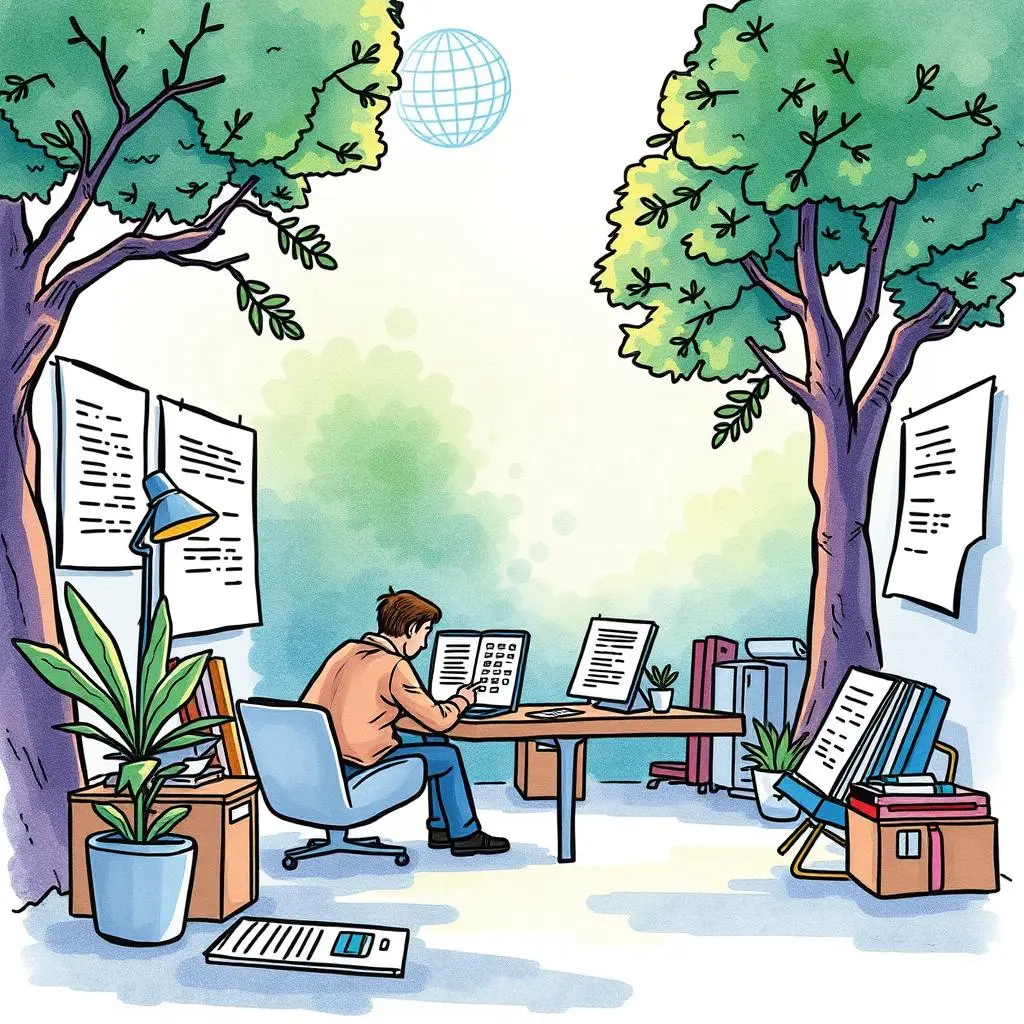 Audit report template generator: Generate customizable templates for audit reporting 1 Audit report template generator scene with a person reviewing documents amid greenery.