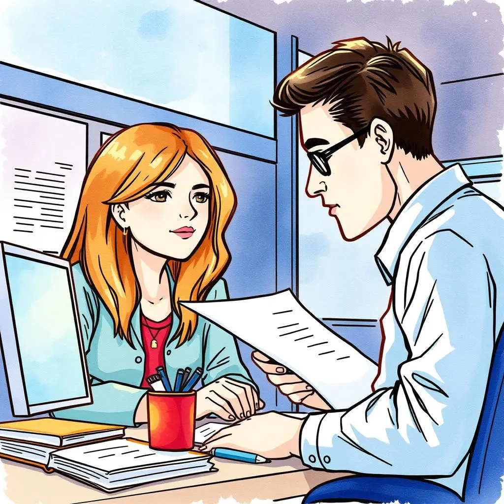 A professional woman discusses audit results with a colleague in an office setting.