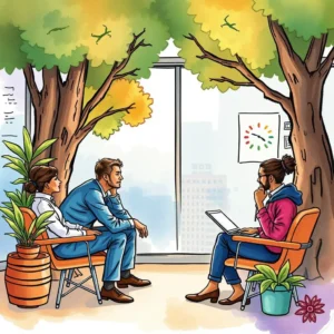 Inclusion policy analyzer: Analyze and summarize inclusion policy effectiveness 3 Inclusion Policy Analyzer discussion in an office setting with greenery and diverse individuals.