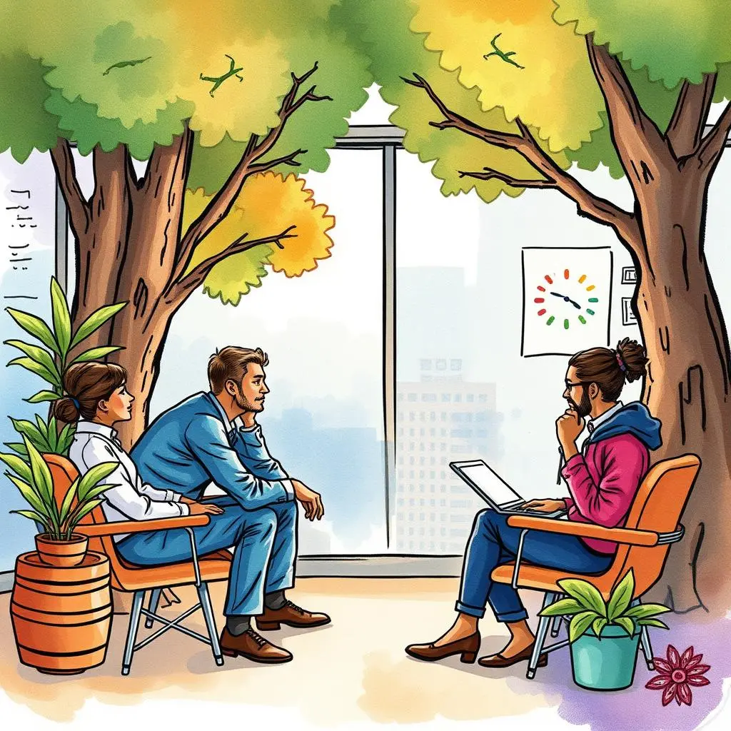 Inclusion policy analyzer: Analyze and summarize inclusion policy effectiveness 1 Inclusion Policy Analyzer discussion in an office setting with greenery and diverse individuals.