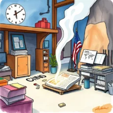 A cozy workspace with a document emitting steam, symbolizing regulatory updates.
