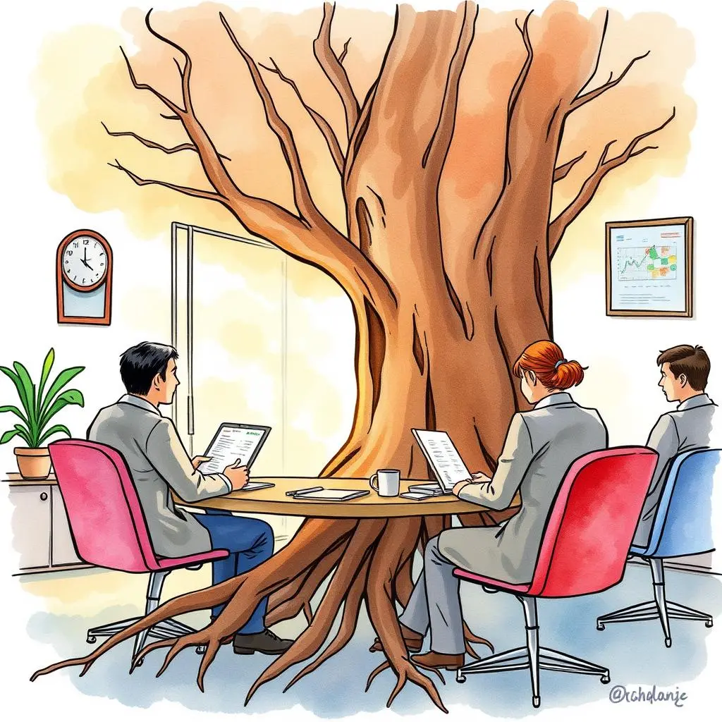 Root cause summary generator: Identify root causes of incidents succinctly 1 A team of professionals in a meeting at a desk surrounded by a large tree inside an office.