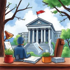 A compliance officer compiling financial reports overlooking a government building.