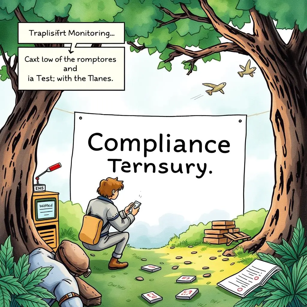 A person using a mobile device in a forest setting with a compliance banner.