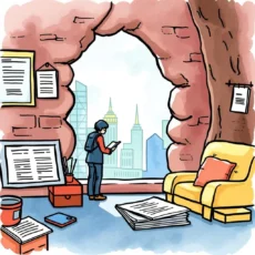 A person reviewing documents in a cozy office overlooking a cityscape.