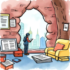 A person reviewing documents in a cozy office overlooking a cityscape.