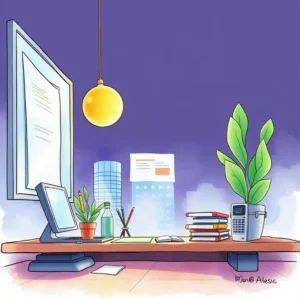 A modern office workspace with a computer, plants, and stationery, suited for audit document synthesis.