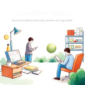 Audit evidence summarizer tool in a modern compliance testing office with professionals reviewing data.