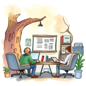 Two professionals collaborating on quality assurance updates in an office setting.