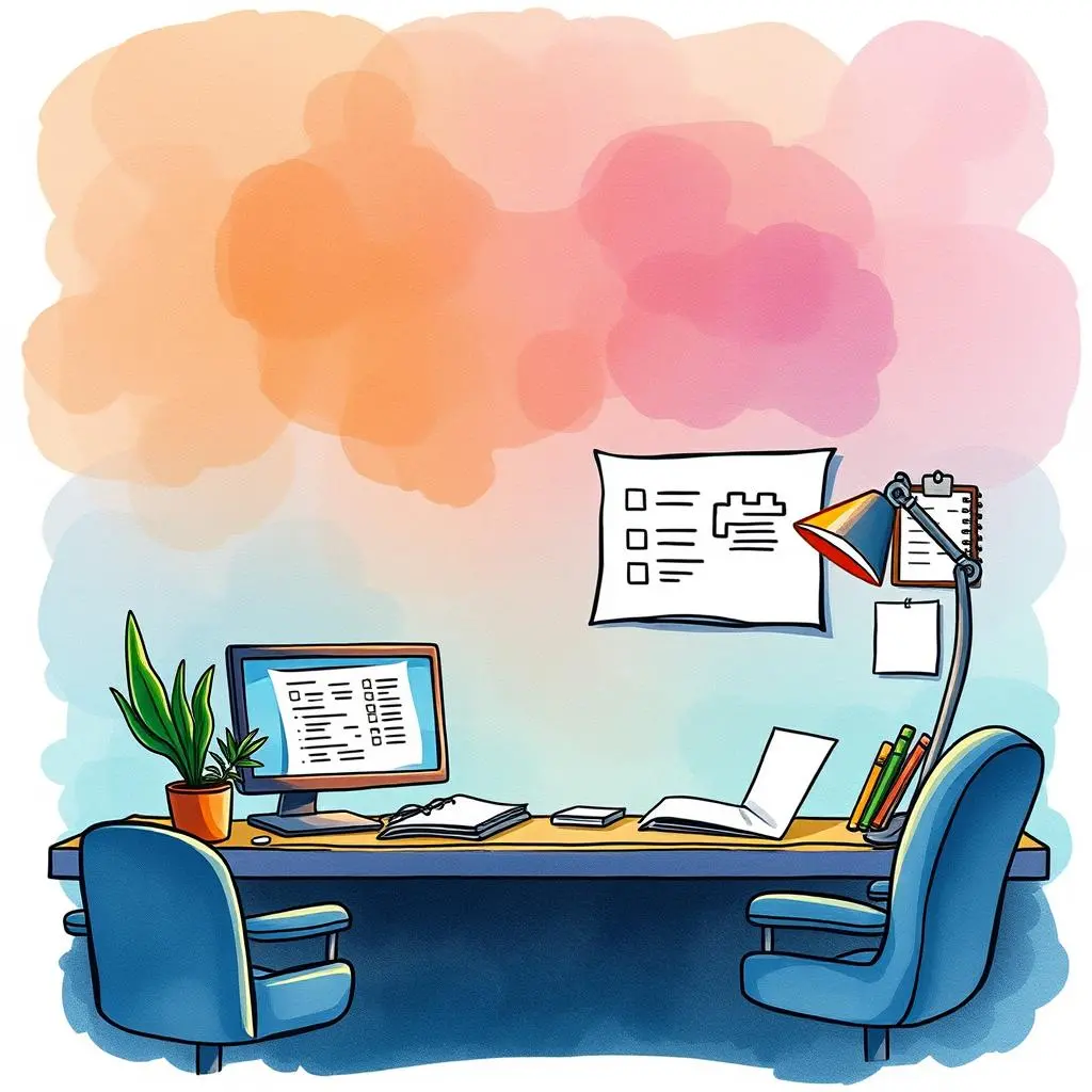 Regulatory checklist compiler: Compile checklists for audit preparation tasks 1 A modern workspace with a computer, notes, and a plant, ideal for compiling regulatory checklists.