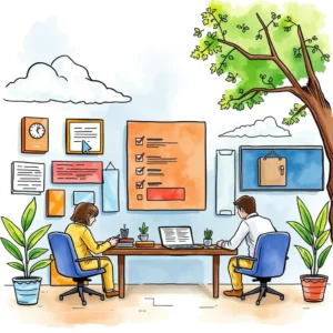 Two professionals collaborating on a stakeholder engagement summary in a bright office.
