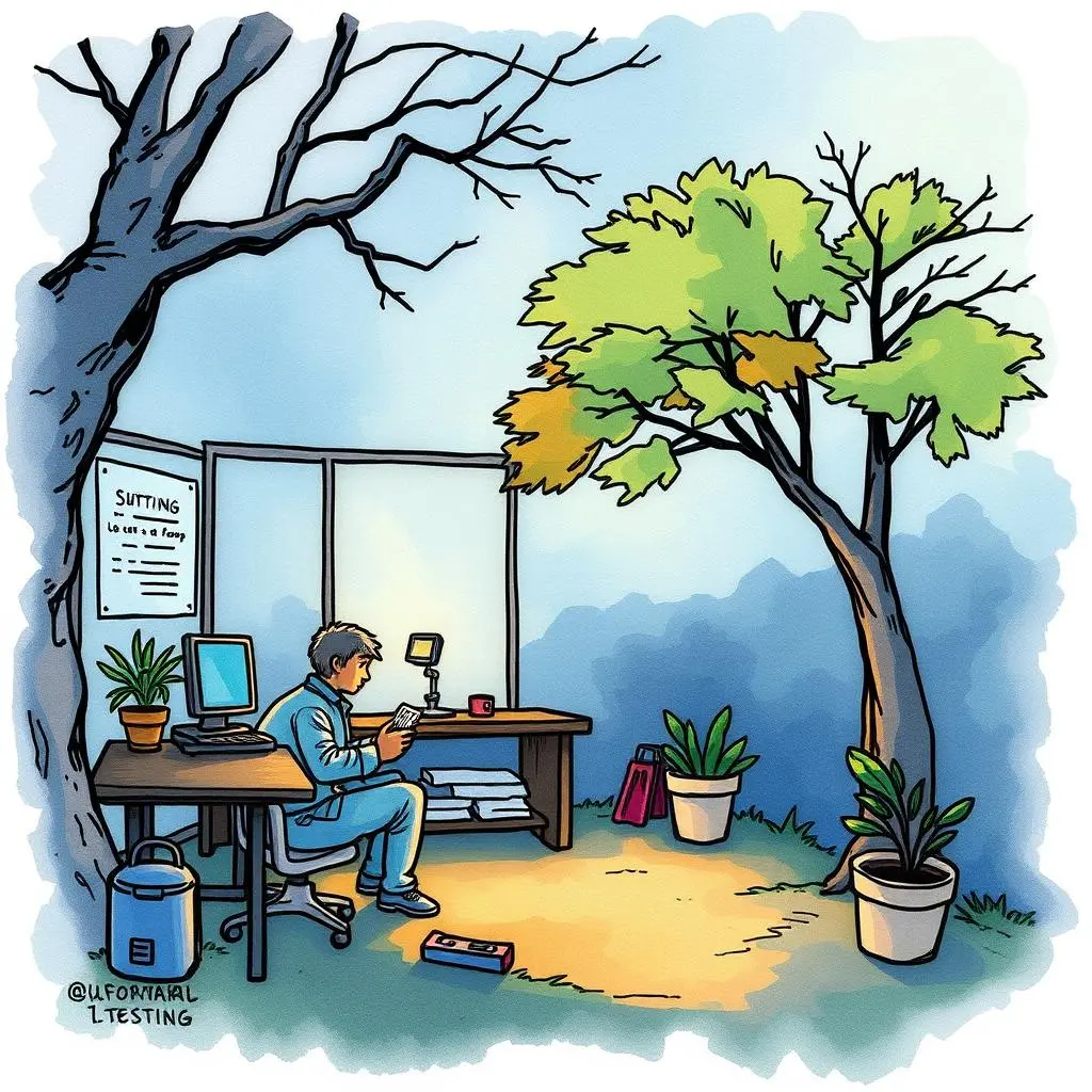 Test result summarizer: Automatically condense test outcomes into summaries 1 A compliance analyst reviews test results in a serene office setting with plants and a workstation.