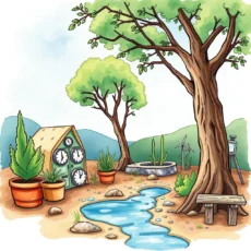 A serene landscape with trees, a stream, and compliance tools.
