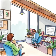 A busy office scene depicting professionals reviewing compliance documents for manufacturing.